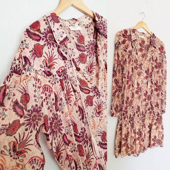 Ba&sh Yanis Mini Dress in Nude Red Paisley Smocked Drop Waist Floral L Sz 3 $320 - Picture 16 of 16
